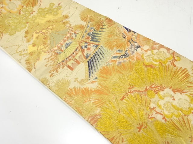 JAPANESE KIMONO / ANTIQUE FUKURO OBI / WOVEN SCENERY & KASAMATSU & UME